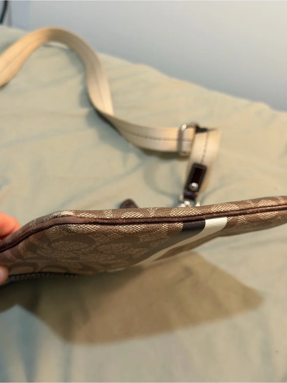 Coach Brown Signature Crossbody with Center White & Dark Brown Stripe